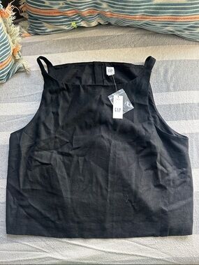 GAP Linen Blend Apron Top Black Large Square Neck Cropped Tank Top